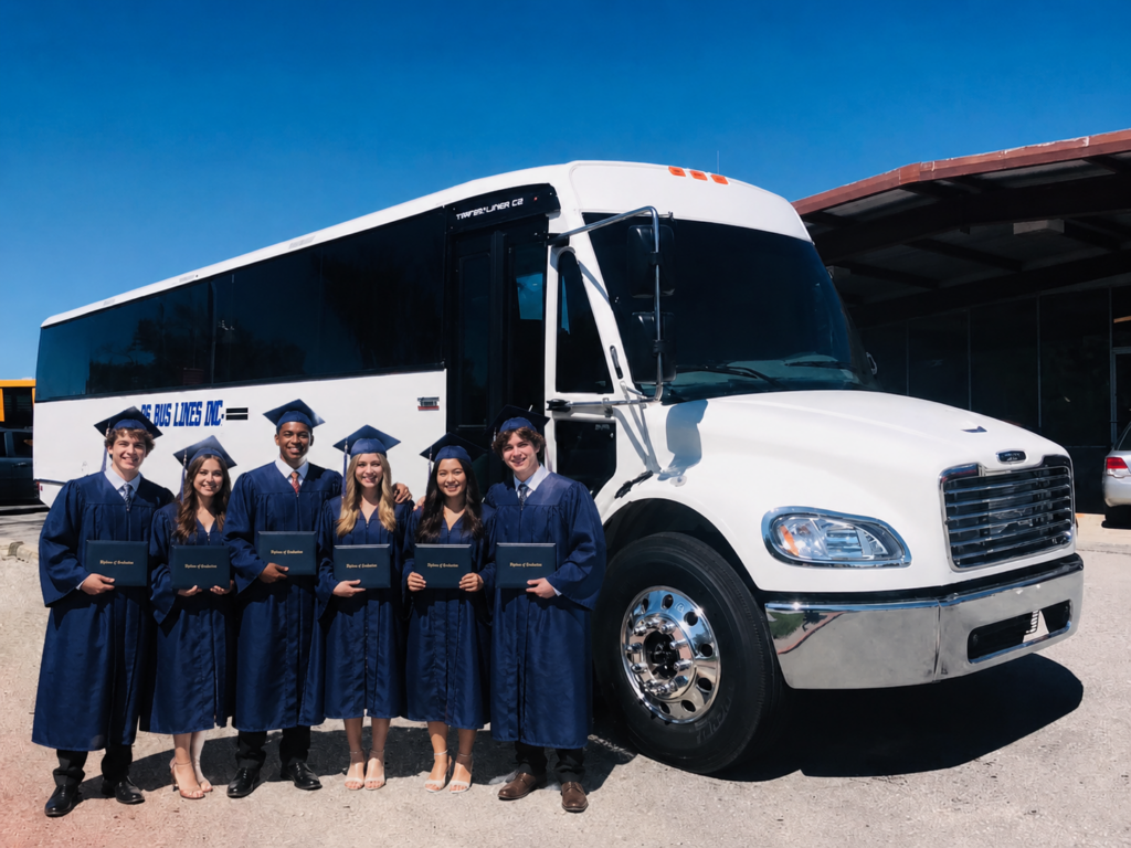 Graduation group boarding charter bus for ceremony transportation across Kansas Missouri and Central US