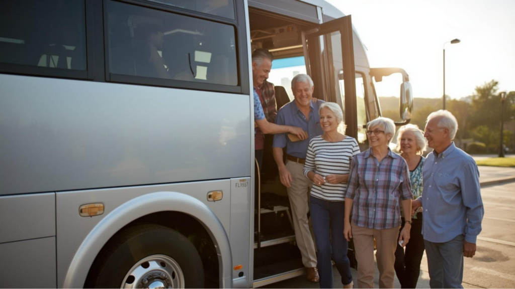Senior group boarding accessible charter bus for a day trip in Kansas City metro area