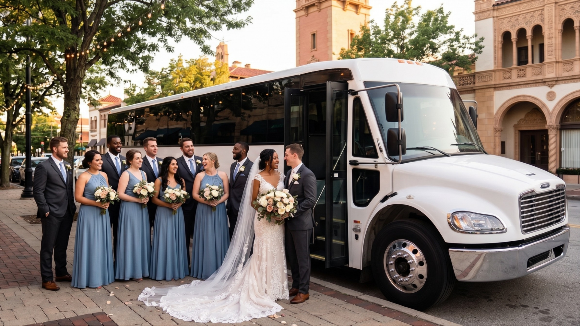 Wedding guests boarding charter bus for transportation between hotel ceremony and reception in Kansas City
